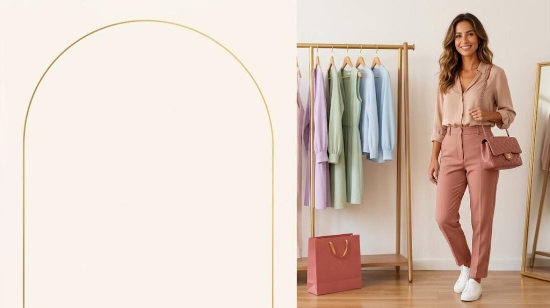 Mulher sorrindo com look em tons nude e rosé, bolsa e sacola de compras